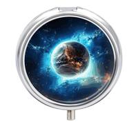 Blue Earth in The Space Pill Organizer 3 Compartment Travel Pillbox with Mirror Daily Medicine Pill Case Metal Pill Box for Purse & Pocket Portable Small Medicine Box Round Vitamin Case Container
