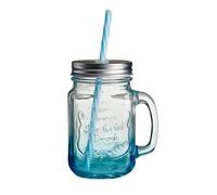 (Blue) Embossed Mason Jar Mug Coloured Glass With Matching Lid