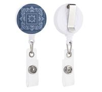Blue Embroidery Pattern Structured Square Retractable Badge Holder Reel Clip ID Card Holder for Doctor Nurse Student Office Worker