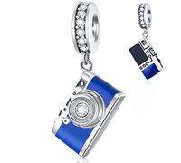 Blue Enamel Camera Capture Life Pendant Charms, fit Pandora Moment Bracelet Necklace, Dangle Camera with CZ Beads, Travel Gift for Dad/Best Mum/Photographer