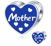 Blue Enamel Mother and Son Heart Charms, fit Mothers Day Bracelet, 925 Sterling Silver Best Mum Love Child Beads, Gift for Birthday/Mom Godson/Grandson/Stepson