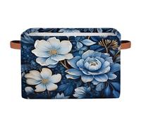 Blue Ethnic Flowers Storage Basket with Leather Handles, Foldable Fabric Storage Bin Large Collapsible Organizer for Clothes Toys Laundry Bathroom Nursery 15x11x9.5 In