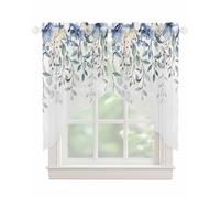 Blue Eucalyptus Leaf Swag Valances for Windows Summer Flowers Leaves Watercolor Semi Sheer Valance Curtains Floral Voile Swags Topper Curtain for Kitchen Living Room Bedroom, 2 Panels, 28x36 Inch