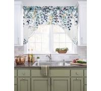 Blue Eucalyptus Leaves Swag Valances for Kitchen Window, Small Swag Curtains Valances for Bedroom Bathroom Over Sink Watercolor Summer Botanical Rod Pocket Window Treatment Drapes, 56x36 Inch