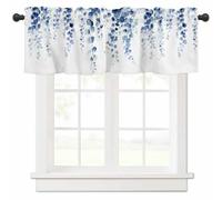 Blue Eucalyptus Leaves Valance Curtain , Watercolor Blue Ombre Eucalyptus Leaves Spring Window Treatment for Kitchen, Dark Blue Leaf Rod Pocket Curtain for Bathroom Living Room 42" W x 18" L