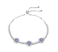 Blue Evil Eye Hamsa Tennis Bracelet Sterling Silver 925 White Cubic Zirconia Adjustable 10 inches Box Chain