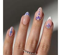 Blue Eye Totem Acrylic Press-On Nails Almond Shape Glossy French Tip - 24PCS Set with Intricate Floral Patterns, Blue Dots & Petal Accents for Modern Artistic Nail Art, Pre-Applied Adhesive Tabs,