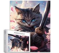 Blue-Eyed cat Warrior 1000 Piece Jigsaw Puzzles for Adults Hand-held Samurai Sword Art Puzzle Colorful DIY Puzzles for Home Decoration Gifts Family Puzzle Perfect for Game Nights 50×70cm