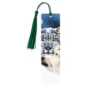 Blue Eyed Snow Leopard Bookmark, Wooden Bookmarks for Book Lovers Handmade Wood Book Mark with Tassel Reading Page Markers Ornament Wooden Gift Tags Labels for Craft Decorations
