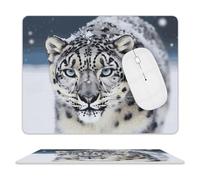 Blue Eyed Snow Leopard Mouse Pad, 10 X 8 Inch PU Leather Mousepad with Smooth Surface, Square Waterproof Mouse Mat Non-Slip Ultra Thin Desk Pad for Gaming, Office & Home