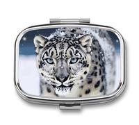 Blue Eyed Snow Leopard Pill Box 2 Compartment Portable Travel Pill Case with Mirror Square Metal Medicines Storage Container Pocket Medicine Box to Hold Vitamins Fish Oil