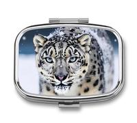 Blue Eyed Snow Leopard Pill Box 2 Compartment - Small Metal Medicine Organizer Portable Pill Case for Purse Pocket Travel Vitamin Organizer for Men Women, BPA-Free