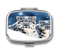 Blue Eyed Snow Leopard Pill Box 2 Compartment Small Square Pills Case Portable for Pocket Pill Organizer Travel Metal Pill Holder for Office Home Vitamin Medicine Fish Oil