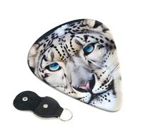 Blue eyed snow leopard Printed Guitar Picks, 6 Pack with Leather Keychain Pick Holder - 0.46mm, 0.71mm, 0.96mm Assorted Thickness for Acoustic Ukulele, Electric Guitar, Acoustic Guitar, Bass