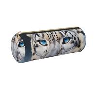 Blue Eyed Snow Leopard Printed Leather Pencil Case Cute Stationery Organizer Round Makeup Bag Pen Pouch, Gold Zipper