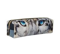 Blue Eyed Snow Leopard Printed Leather Pencil Case Cute Stationery Organizer Simple Makeup Bag Pen Pouch, Gold Zipper