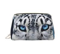 Blue Eyed Snow Leopard Printed Small Makeup Bag Portable Leather Make up Bag Travel Cosmetic Bags Organizer for Women, Gold Zipper