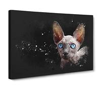 Blue Eyed Sphynx Cat Paint Splash Canvas Print | Gallery Wrapped 30mm Frame Wall Art | 30x20 inches | Ready to Hang | Modern Animals Picture | Living Room Bedroom Lounge Office