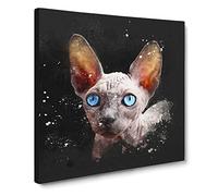Blue Eyed Sphynx cat Paint Splash Modern Canvas Wall Art Print Ready to Hang, Framed Picture for Living Room Bedroom Home Office Décor, 14x14 Inch (35x35 cm)