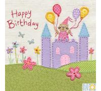 Blue Eyed Sun Children's Birthday Card, Cute Castle & Cat with Balloons Design, Fabric-Effect Stitched Illustration, Happy Birthday Greeting Card