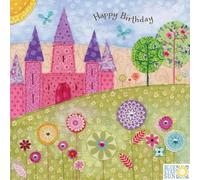Blue Eyed Sun Enchanted Castle Birthday Card, Luxury Textured Board with Pink Castle Design, Whimsical Floral Meadow and Butterflies, Matching Envelope Included