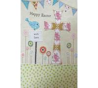 Blue Eyed Sun Happy Easter with Love Greeting Card, Floral Cross Design with Bunting, Religious Easter Theme