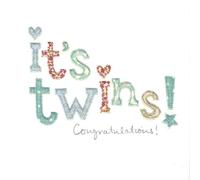 Blue Eyed Sun It's Twins Congratulations Greeting Card, Patchwork-Style Design, Blank Inside
