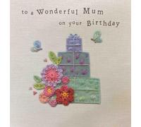 Blue Eyed Sun Luxury Birthday Card for Mum, Stitched-Effect Design with Presents and Flowers, Blank Inside with Envelope