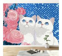 Blue-Eyed White Cat with Polka Dots Photo Mural - 200 x 140 cm Non-Woven Premium Fleece Wall Mural - High Definition Art Print Teen Bedroom Game Room Decoration Romantic Roses Photo Wallpaper
