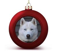 Blue Eyed White Husky Christmas Ball Ornaments - Large 3 Inch Xmas Tree Hanging Decor Red DIY Plastic Ornaments Balls for Holiday Wedding Fireplace Home Party Decorations