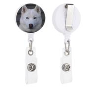 Blue Eyed White Husky Retractable Badge Reel - Personalized ID Name Badge Holder with Lanyard Cute Badges Reel Holder Round Nurse Doctor Name Tag Badges Clip for Work