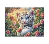 Blue-eyed White Tiger Cub with Pink Rose 500 Pc DIY Jigsaw Puzzle Puzzles for Adults Teens Hard Challenging Team Building Stress Reducing Autumn Sturdy Wooden Cardboard 500 PCS