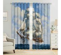 Blue Eyelet Blackout Curtains W 27.5" x L 63" White sailboat on the ocean 3D Print Thermal Insulated Noise Reducing Drapes Kids Bedroom and Living Room Room Darkening Set of 2 Panels