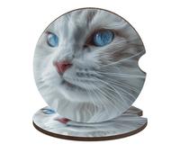 Blue Eyes Cat Car Coasters for Cup Holder Wood Absorbent Cup Coaster 2.6 Inch Universal Non Slip Cork Base Drink Coaster Auto Interior Accessories for Women Men 2PCS