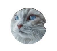 Blue Eyes Cat Car Coasters for Cup Holder Wood Absorbent Cup Coaster 2.6 Inch Universal Non Slip Cork Base Drink Coaster Auto Interior Accessories for Women Men 1PCS