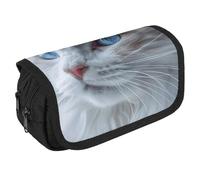 Blue Eyes Cat Pencil Case Organizer - Large Capacity 3 Compartment Pencil Pouch for Adults, Portable Makeup Bag & Aesthetic Stationery Bag with Zipper (8.7x4.3") Unisex Gift