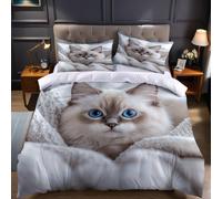 Blue Eyes Super King Duvet Set Cute cats Microfiber Quilt Cover Soft Breathable Wrinkle Resistant Bedding Set 260x220 cm with Hidden Zipper for Bedroom Decor