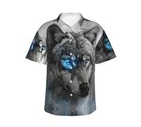 Blue Eyes Wolf Men's Hawaiian Shirt Short Sleeves Button Down Summer Beach Casual Shirts, Black, S