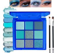 Blue Eyeshadow Palette with Matte Shimmer Glitter Finishes in Cool Icy Blues - Highly Pigmented Blendable Powder for Smokey Eye and Party Makeup Winter Glam Looks, 9 Colour Palette with Brushes