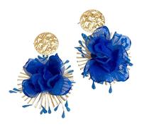Blue Fabric Flower Drop Earrings for Women, Bold Statement Gold Disc Earrings Lightweight & Tangle-Free Ideal for Spring, Wedding, Gift for Her