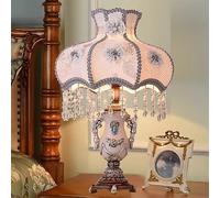 Blue Fabric Table Lamp, Victorian Style Bedside Lamp with Vase Shape Lampshade, Pastoral Design for Bedroom, Living Room, Office - Gifts for Girls and Women