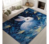 Blue Fade Resistant Printed Rugs Rabbit Starry sky Forest Grass Durable Rugs Anime Dreamy Rug Fairy Tale Colourful Illustration Non-Slip 120 x 180 cm for Kids room