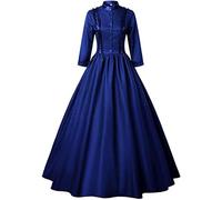Blue Fancy Dress Women Medievil Costumes Victorian Renaissance Outfits Long Sleeve High Neck Evening Gowns Retro Vintage Women's Elegant Victorian Gown for Halloween Carnival M