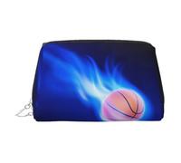Blue Fire Basketball Ball Print Leather Cosmetic Pouch, Leather Makeup Bag for Purse with Top Zip Closure Stylish Toiletry Bag