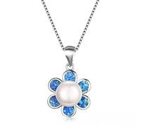 blue fire opal flower pendant white pearl necklaces for women wedding jewelry 925 box chain necklace gift Made in China