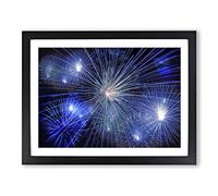 Blue Fireworks at Night No.6 Modern Framed Print | A4 Black Framed Wall Art | Ready to Hang | Modern Nature Picture | Living Room Bedroom Lounge Office