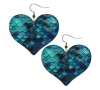 Blue fish scale pattern Leather Earrings for Women Heart Earring Lightweight Dangle Earrings Jewelry Gifts, One Size, No Gemstone