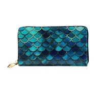 Blue fish scale pattern Leather Wallet for Women Long Coin Purse Ultra Slim Credit Cards Holder Bifold Clutch