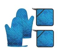blue fish scale Printed Kitchen Set with Heat Resistant Oven Mitts & Non-Slip Pot Holders for Baking Grilling