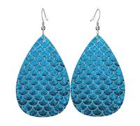Blue Fish Scale. Women'S Drop-Shaped Leather Earrings Are Suitable For Parties, Holiday Parties And Gifts.